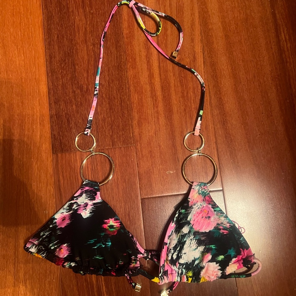 Steve Madden Black and Pink Floral Bikini Top